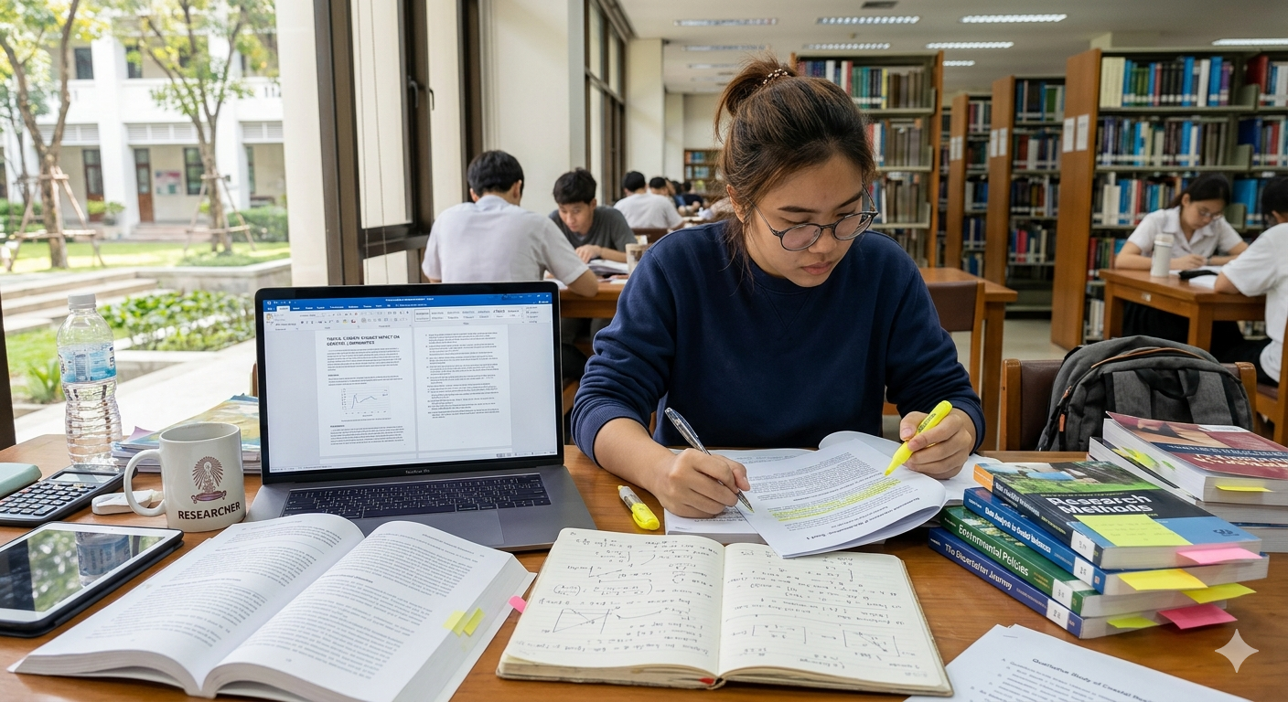 นักศึกษากำลังค้นคว้าและตรวจทานเอกสารวิจัยในห้องสมุด